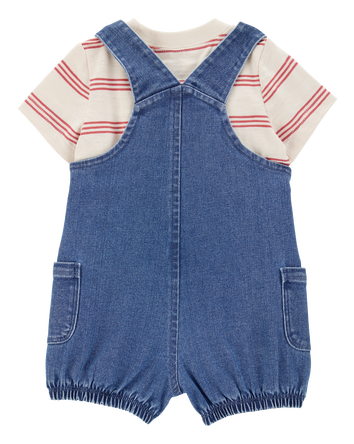 Baby Boy 2-Piece Striped Tee & Denim Shortall Set - Navy/Ivory, 
