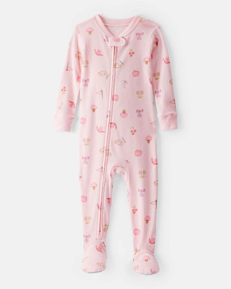 Toddler Girl Paint Floral 100% Cotton Long-Sleeve 2-Way Zip 1-Piece Pajamas - Pink, image 1 of 3 slides