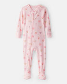 Toddler Girl Paint Floral 100% Cotton Long-Sleeve 2-Way Zip 1-Piece Pajamas - Pink, image 1 of 3 slides