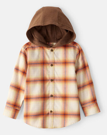 Toddler Boy Plaid Cotton Long-Sleeve Hooded Button-Down Shirt - Orange, 