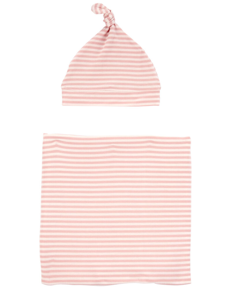 Baby 2-Piece Striped Swaddle Cap and Blanket Set - Pink, image 1 of 4 slides