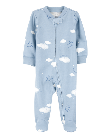 Baby Boy Cloud Print 2-Way Zip Cotton Sleep & Play Pajamas - Blue, 