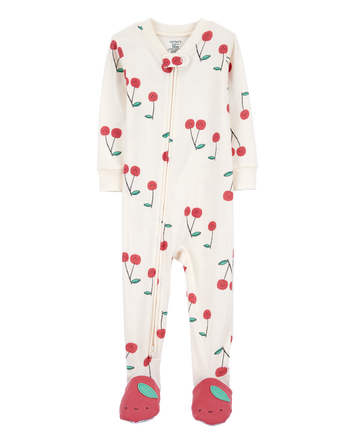 Baby Cherry Print Snug Fit Cotton Footie 1-Piece Pajamas - White, 