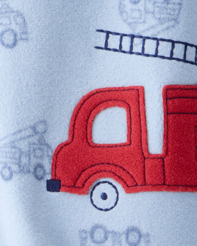 Baby Boy Firetruck Print Loose Fit 2-Way Zip 1-Piece Pajamas - Blue, image 4 of 5 slides