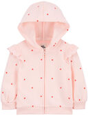 Pink - Baby Heart Print Eyelet Ruffle Zip Jacket