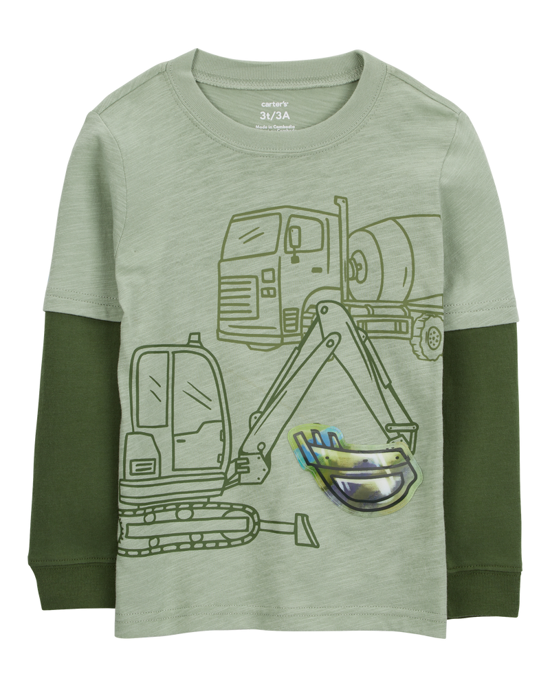 Baby Construction Cotton Blend Long-Sleeve Tee - Green, image 1 of 5 slides