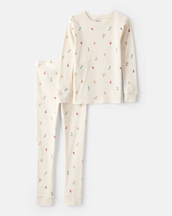 Kid Mini Christmas Cotton Long-Sleeve Snug Fit 2-Piece Pajamas - White, 