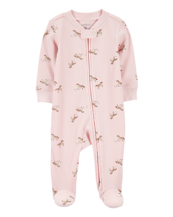Baby Girl Horse Print 2-Way Zip Ribbed Sleep & Play Pajamas - Pink, 