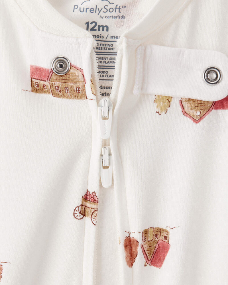 Baby Barn Print PurelySoft 2-Way Zip 1-Piece Pajamas - Ivory, image 2 of 6 slides