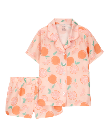 Girls Orange Print Loose Fit 2-Piece Pajamas - Orange, 