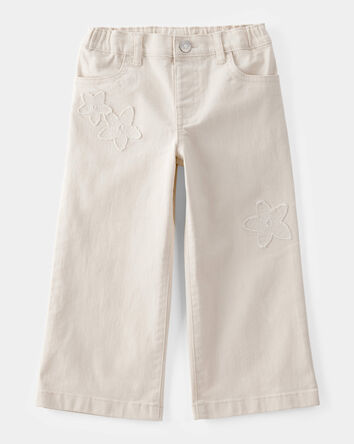 Toddler Embroidered Stretch Denim Wide Leg Jeans - Cream, 