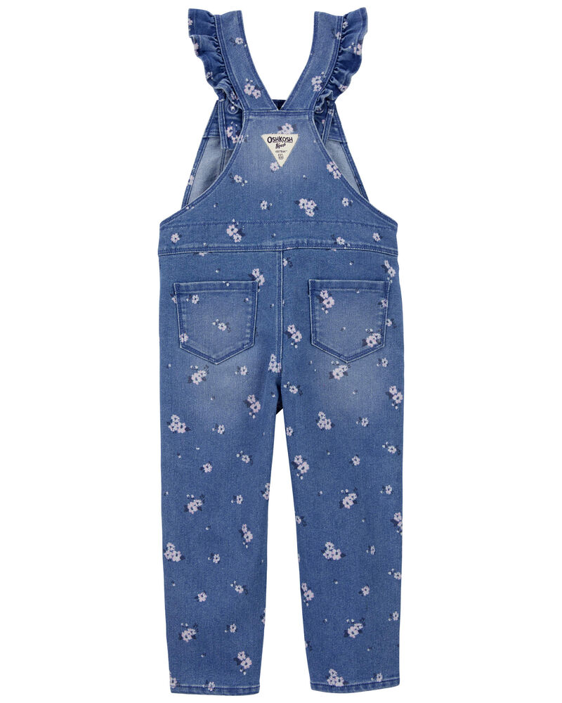 Toddler Floral Print Ruffle Stretch Denim Overalls, image 2 of 5 slides