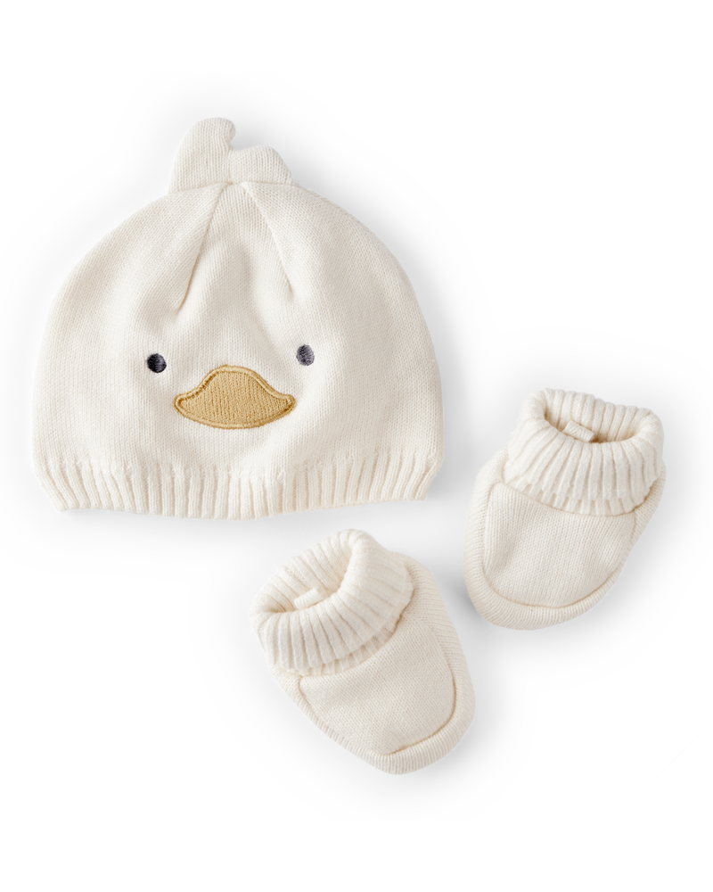Baby 2-Piece Duck Crochet Booties & Hat - White, image 1 of 2 slides