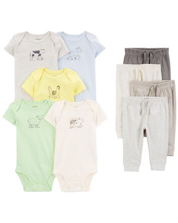 Baby 9-Piece Short-Sleeve Bodysuits & Pull-On Pants Set, 