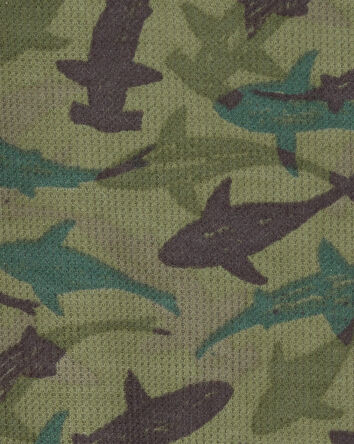 Kid Shark Print Loose Fit Waffle Knit 2-Piece Pajamas - Green, 
