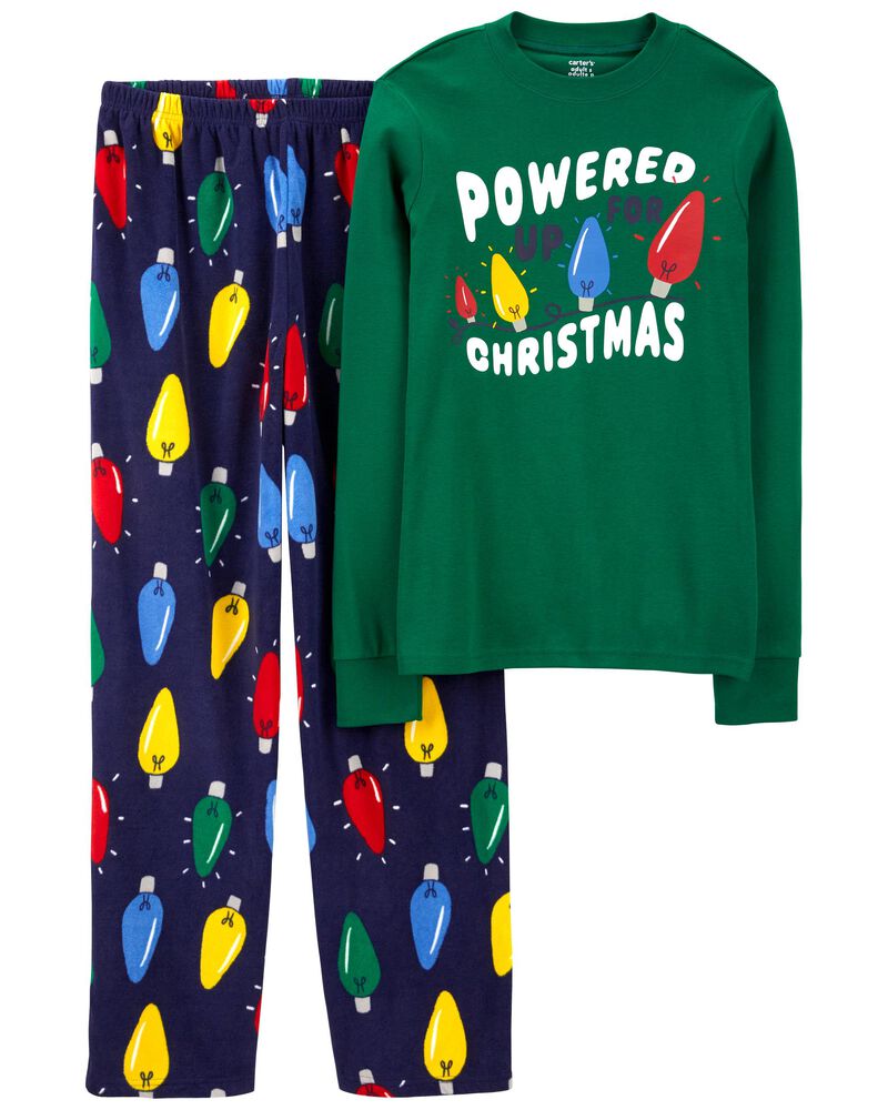 Adult 2-Piece Christmas Lights Cotton & Velboa Pajamas, image 1 of 3 slides