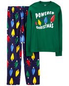 Adult 2-Piece Christmas Lights Cotton & Velboa Pajamas, image 1 of 3 slides
