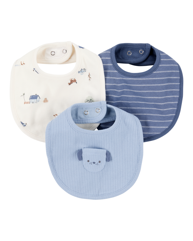 Baby 3-Pack Dog Bibs - Blue/Ivory, image 1 of 4 slides