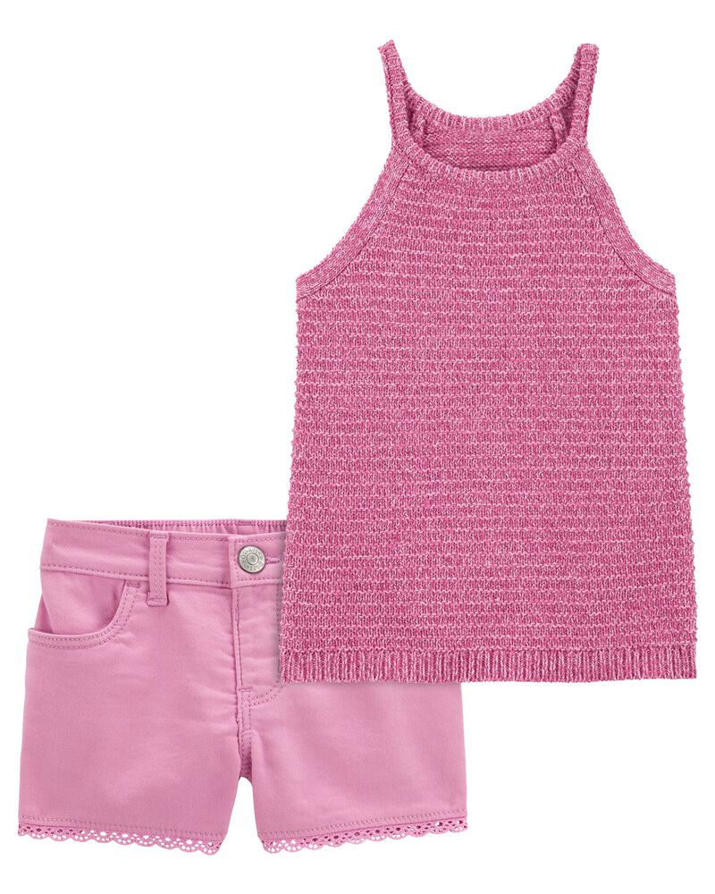 Baby 2-Piece Halter Neck Crochet Sweater Tank & Denim Shorts Set, image 1 of 5 slides