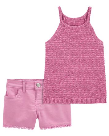 Baby 2-Piece Halter Neck Crochet Sweater Tank & Denim Shorts Set, 