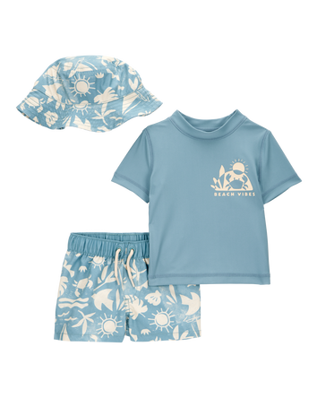 Baby 3-Piece "Beach Vibes" Rashguard Swim Trunk & Hat Set, 