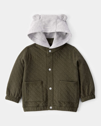 Baby Quilted Snap-Up Hoodie - Olive, 