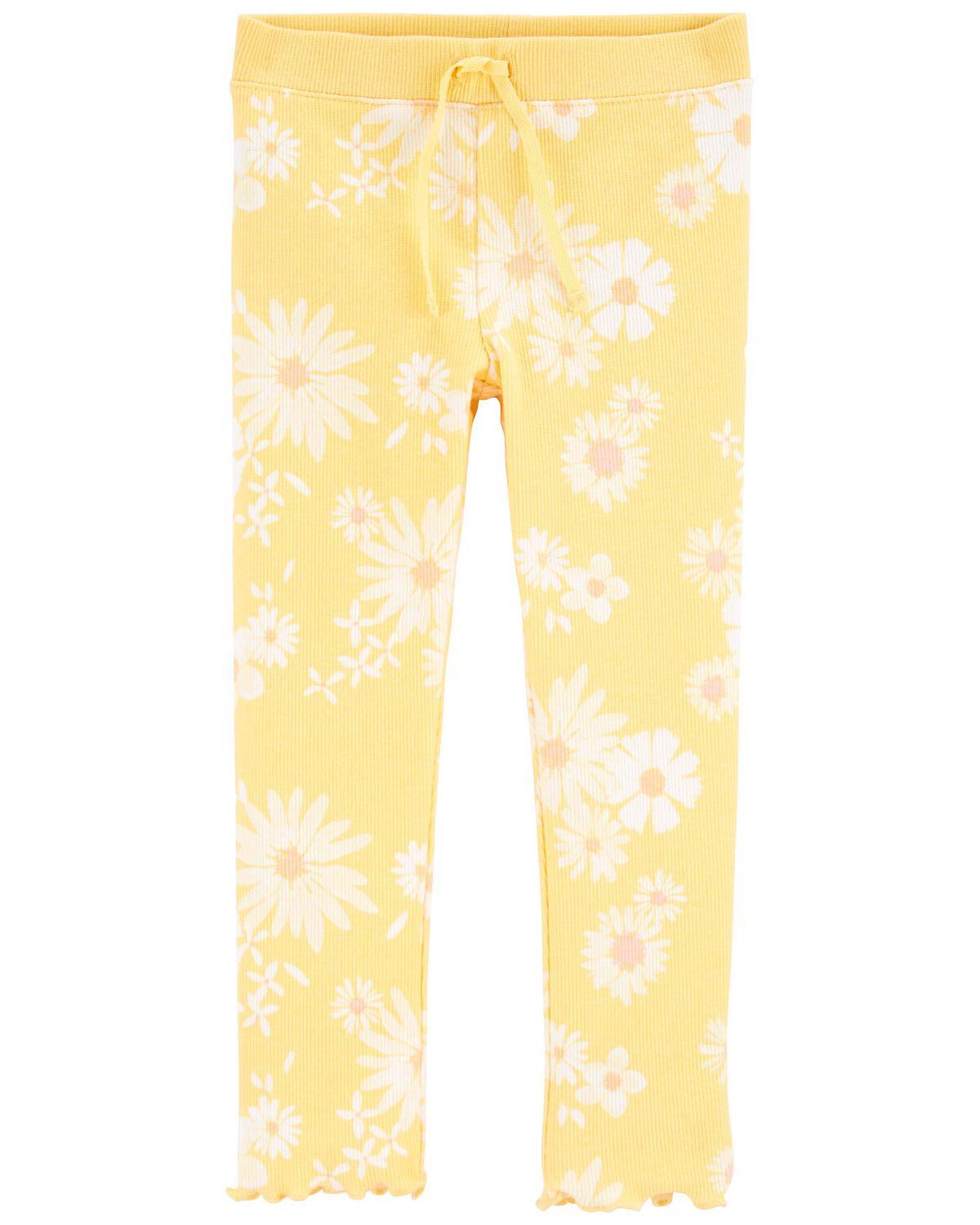 Yellow Toddler Floral Print Stretch Rib Lettuce Hem Leggings
