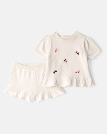 Baby Girl 2-Piece Floral Embroidered Short-Sleeve Top & Short Set - Cream, 