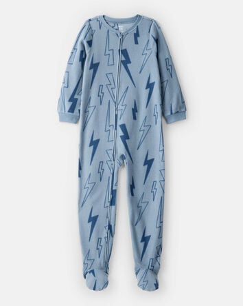 Boys Lightning Print Fleece Long-Sleeve Loose Fit 1-Piece Pajamas - Blue, 