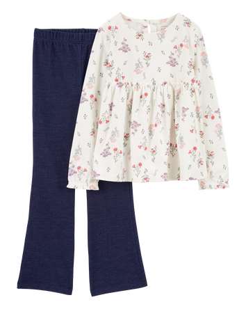 Kid 2-Piece Floral Long-Sleeve Top & Pull-On Flare Pant Set, 