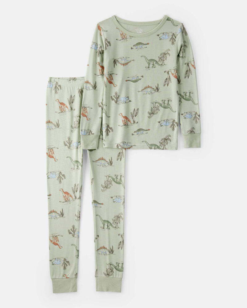 Boys Dinosaur Print PurelySoft Long-Sleeve 2-Piece Pajamas - Green, image 1 of 5 slides