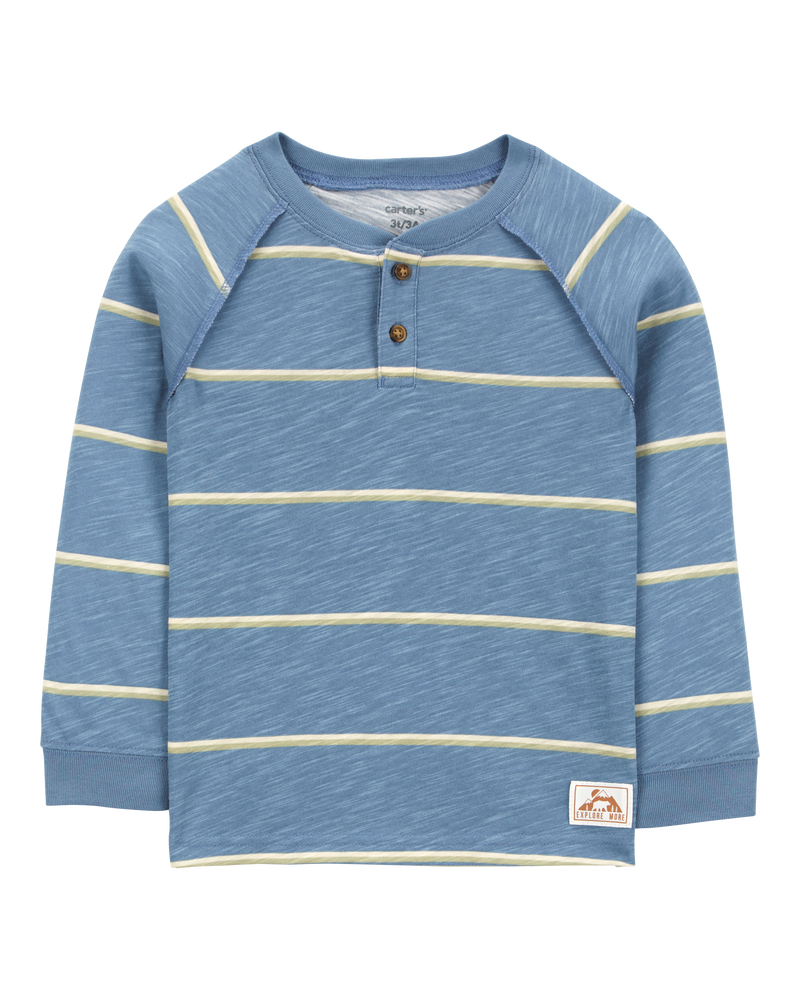 Baby Striped Cotton Blend Long-Sleeve Henley - Blue, image 1 of 3 slides