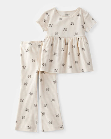 Toddler 2-Piece Dog Print Ribbed Tee & Pull-On Pant Set - Ivory, 