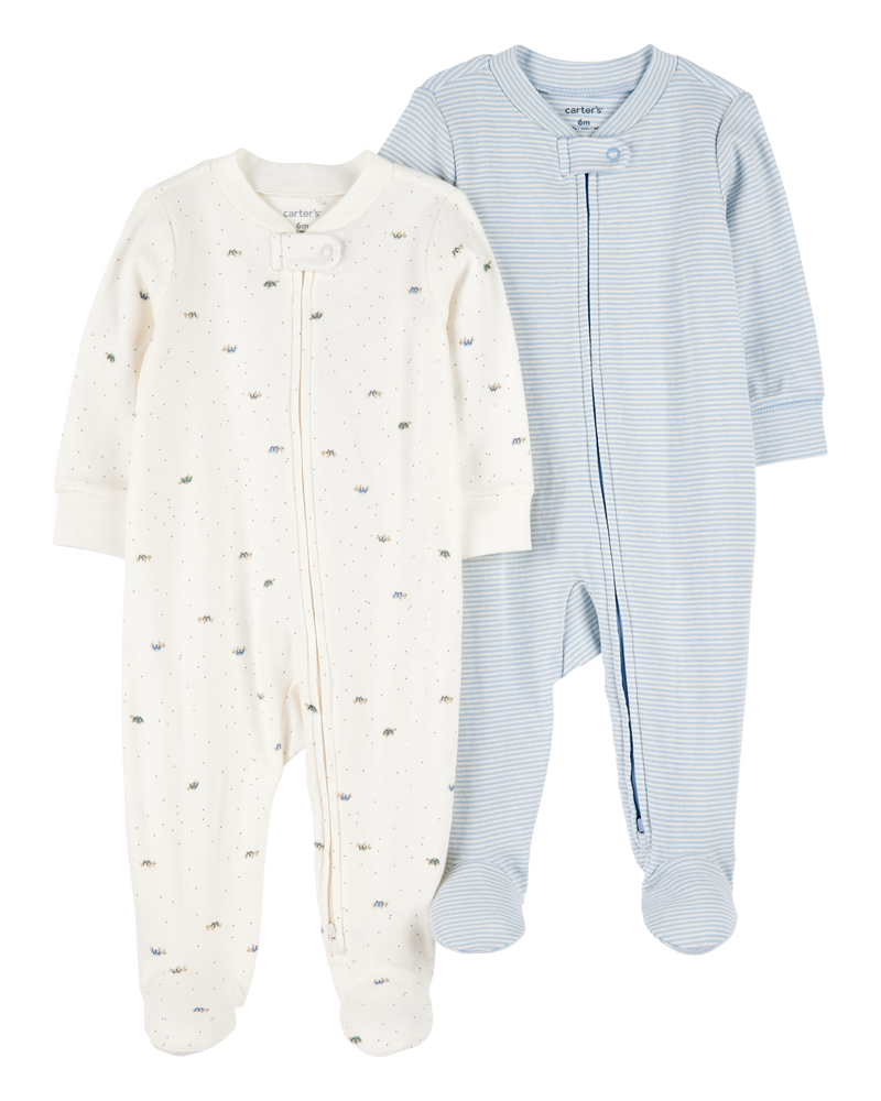 Baby 2-Pack 2-Way Zip Cotton Sleep & Play Pajamas - Blue/White, image 1 of 4 slides