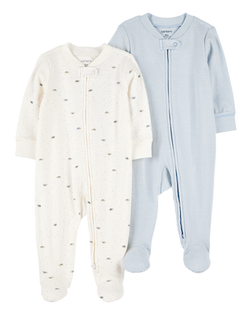 Baby 2-Pack 2-Way Zip Cotton Sleep & Play Pajamas - Blue/White, 