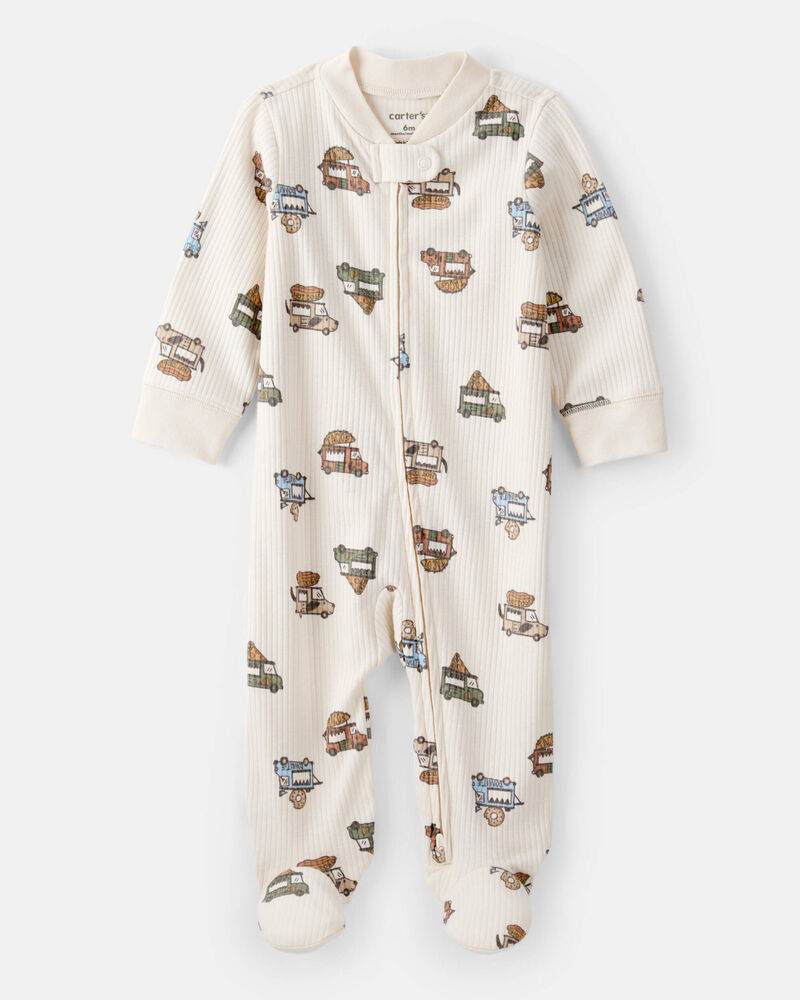 Baby Boy Truck Print Cotton Long-Sleeve Sleep & Play - Ivory, image 1 of 4 slides