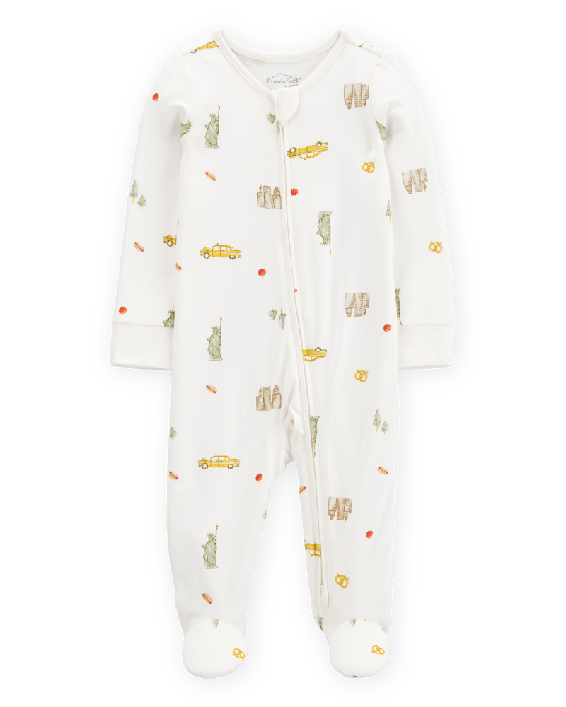 Baby New York City Print 2-Way Zip PurelySoft Sleep & Play Pajamas - Ivory, image 1 of 6 slides