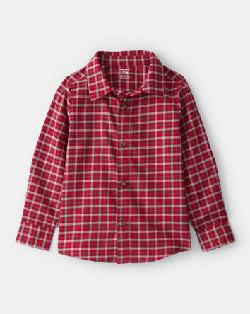 Boys Plaid Cotton Long-Sleeve Button-Down Shirt - Red, 