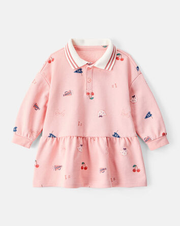 Baby Girl Art Print Collared Long-Sleeve Dress - Pink, 