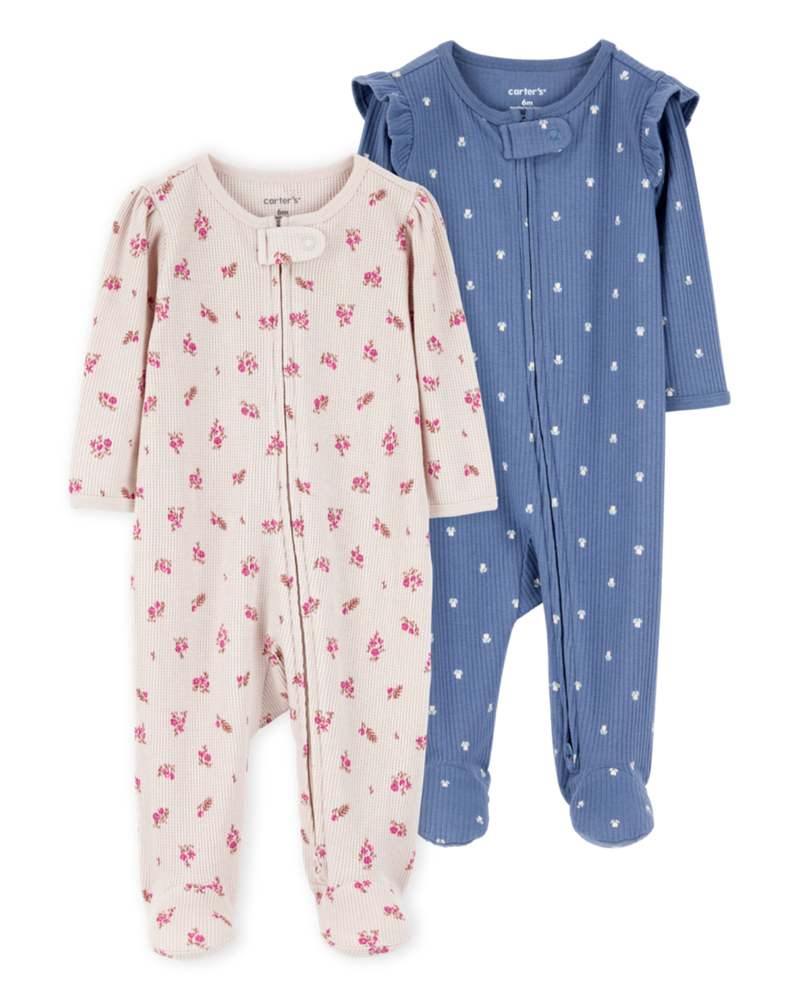 Baby 2-Pack  Ribbed 2-Way Zip Sleep & Play Pajamas - Blue/Khaki, image 1 of 4 slides