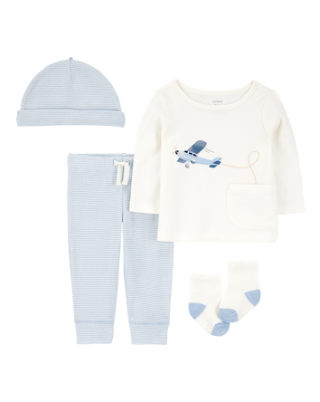 Baby 4-Piece Airplane Print Outfit Set - Blue, 