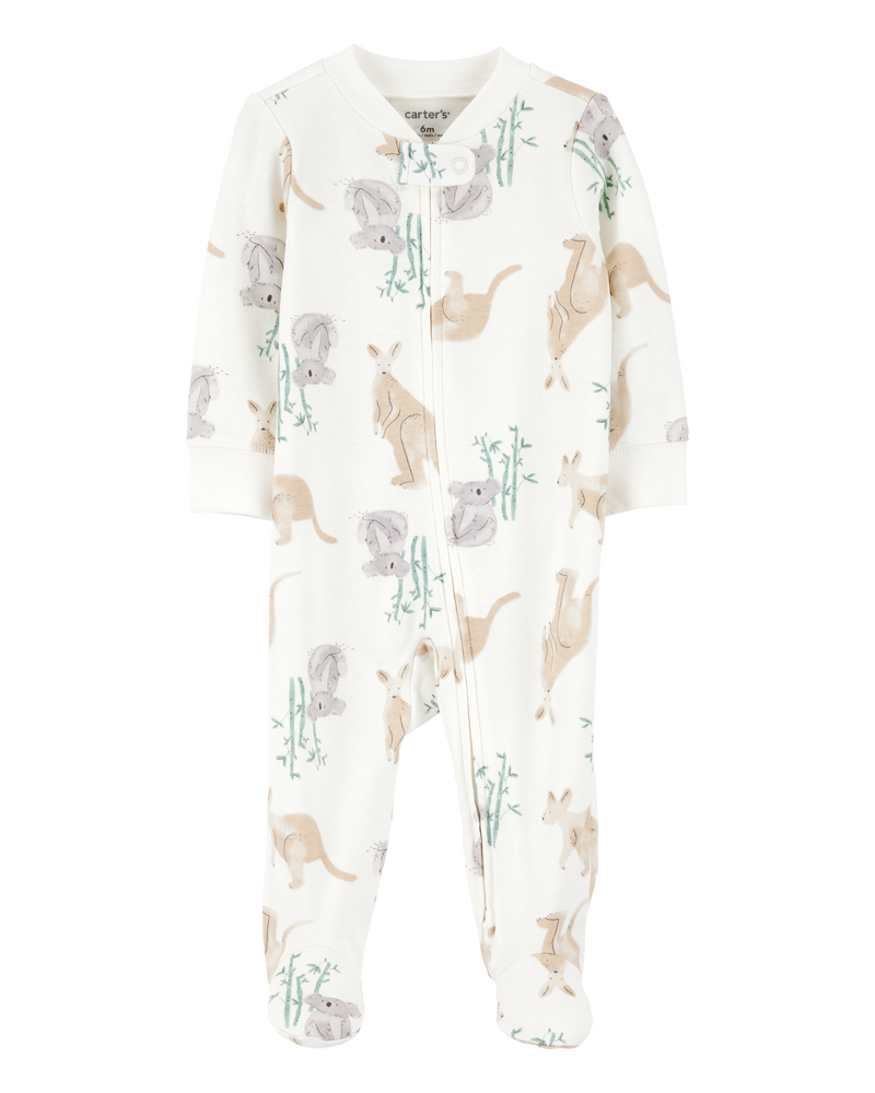 Baby Girl Kangaroo 2-Way Zip Cotton Sleep & Play Pajamas - Ivory, image 1 of 3 slides
