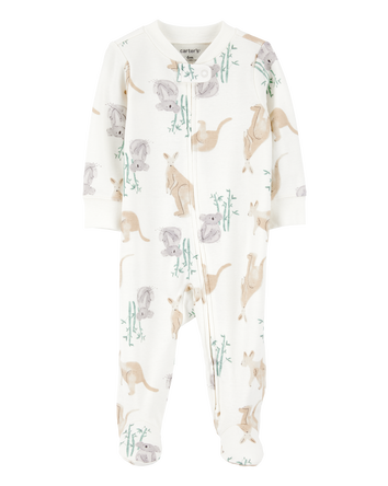 Baby Girl Kangaroo 2-Way Zip Cotton Sleep & Play Pajamas - Ivory, 