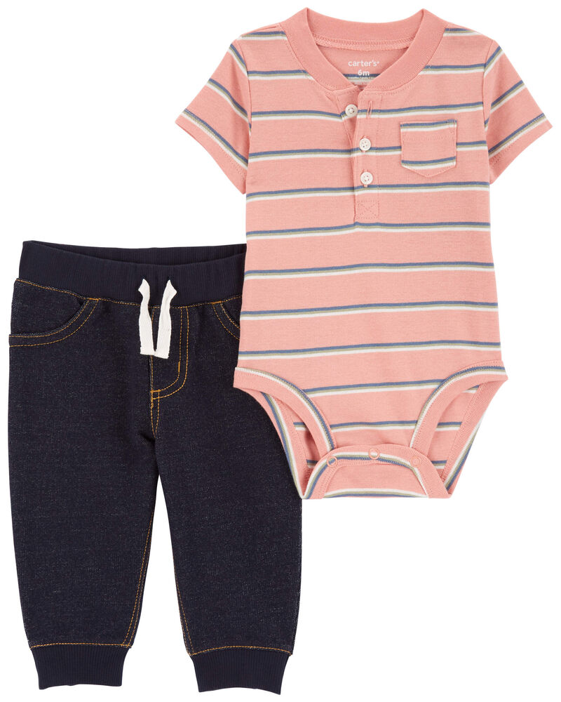 Baby 2-Piece Striped Henley Bodysuit Pant Set, image 1 of 3 slides