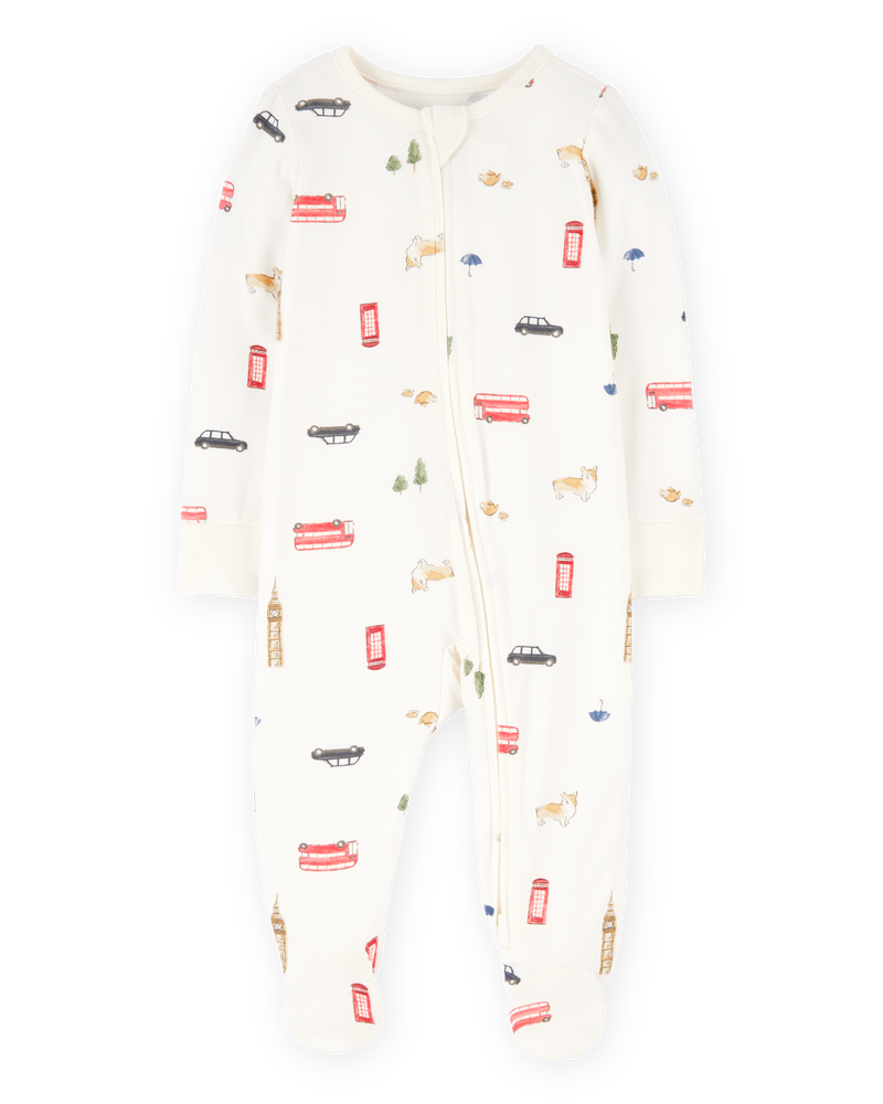 Baby London Print 2-Way Zip PurelySoft Sleep & Play Pajamas - Ivory, image 1 of 6 slides