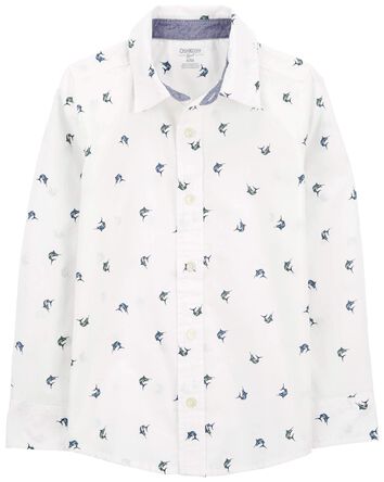 Kid Fish Print Button-Front Shirt, 