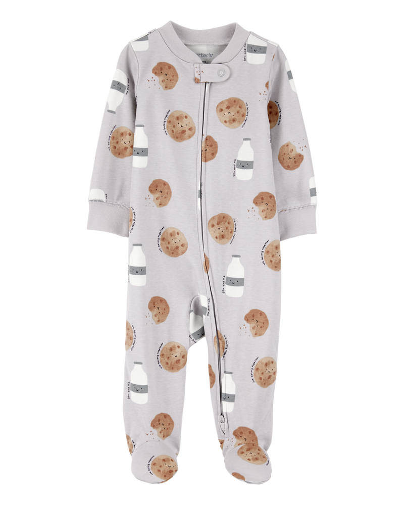 Baby Milk & Cookies 2-Way Zip Cotton Sleep & Play Pajamas - Grey, image 1 of 3 slides