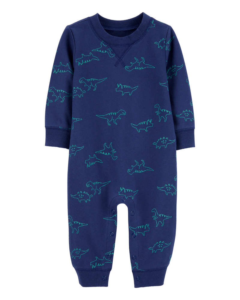 Baby Dinosaur Print French Terry Long-Sleeve Jumpsuit - Blue, image 1 of 3 slides