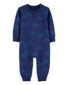 Baby Dinosaur Print French Terry Long-Sleeve Jumpsuit - Blue, image 1 of 3 slides