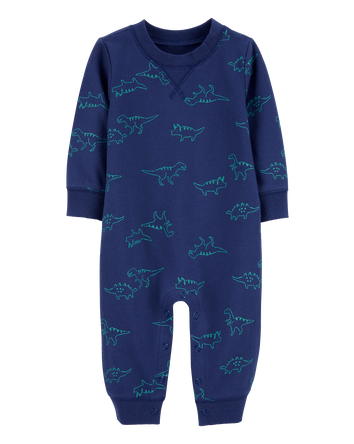 Baby Dinosaur Print French Terry Long-Sleeve Jumpsuit - Blue, 